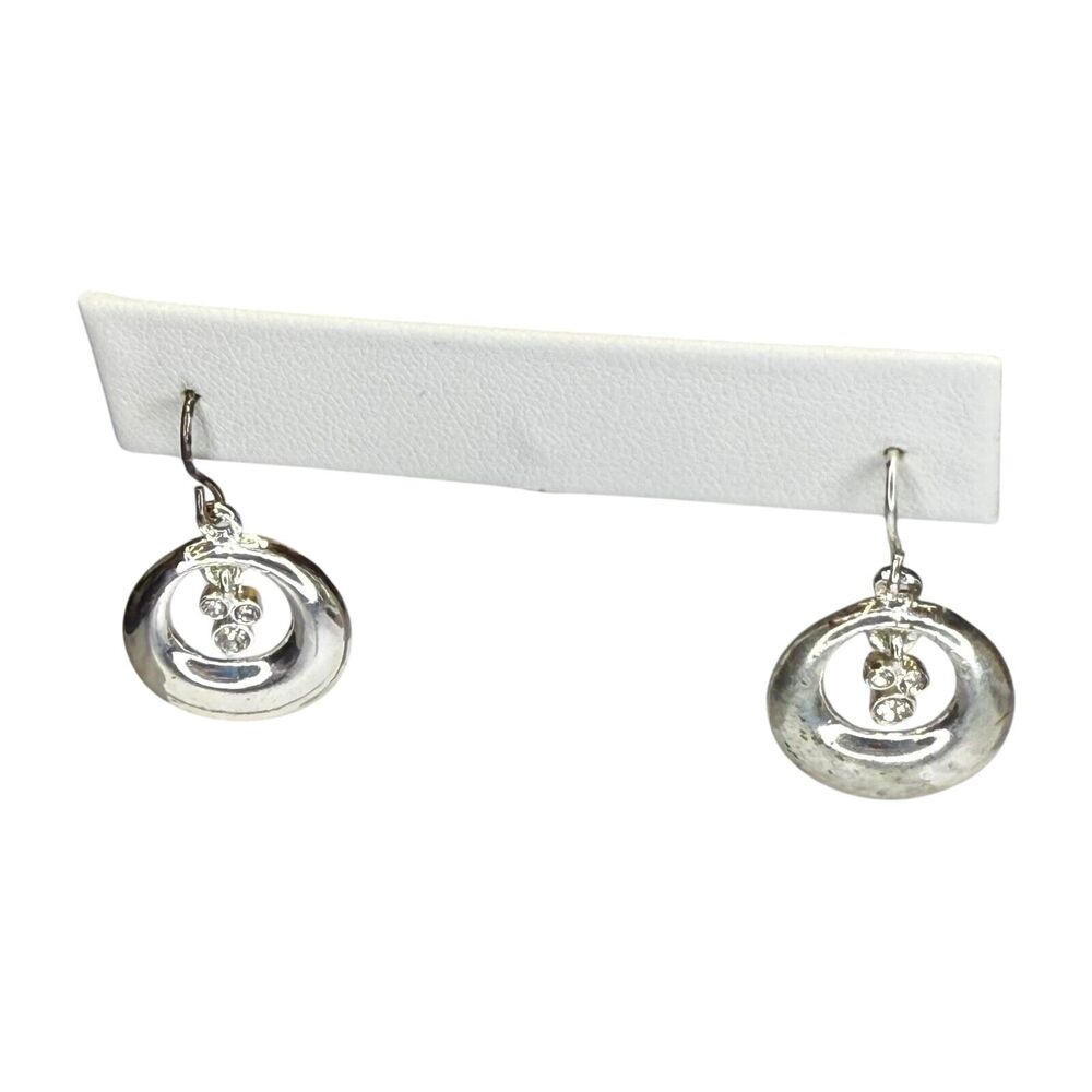 Vintage Silver-Tone Rhinestone & Circle Drop Dangle Hook Earrings Women's Boho - Picture 2 of 5